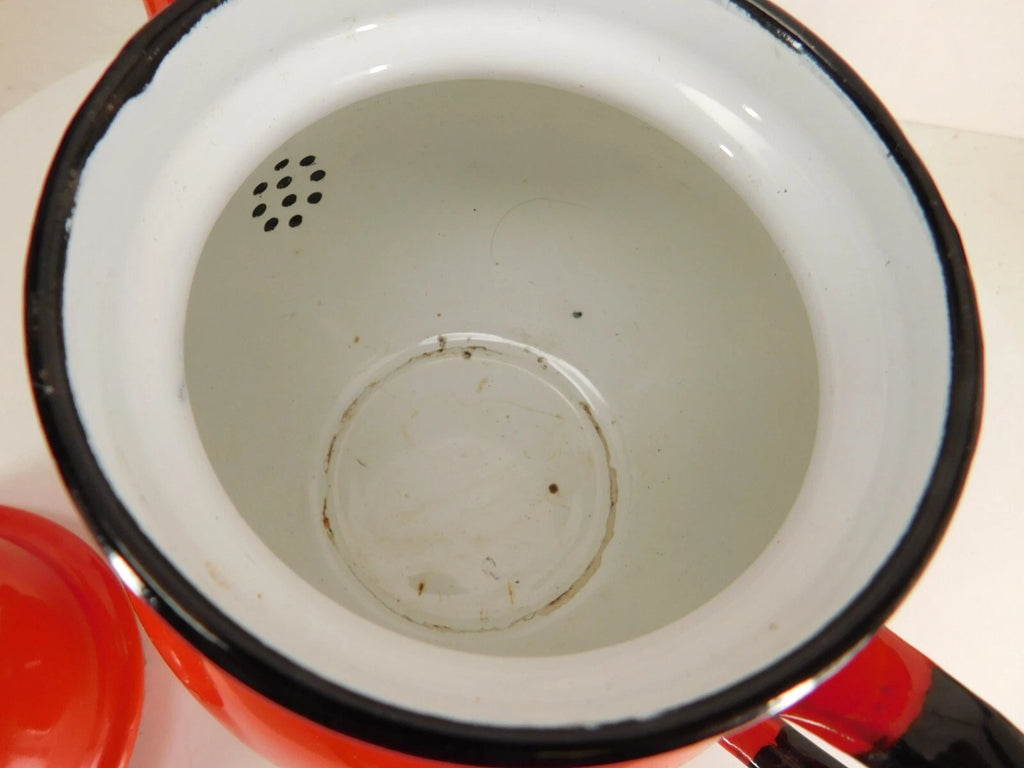 Huta Silesia Polish Enamelware Tea Kettle Red Enamel 14 Poland Vintage 1970's