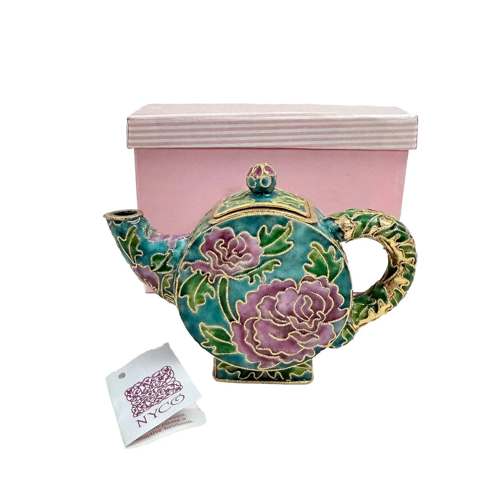 Vintage Teapot Round Metal Enamel Cloisonne Mini Teapot Turquoise Nyco 3.5" New