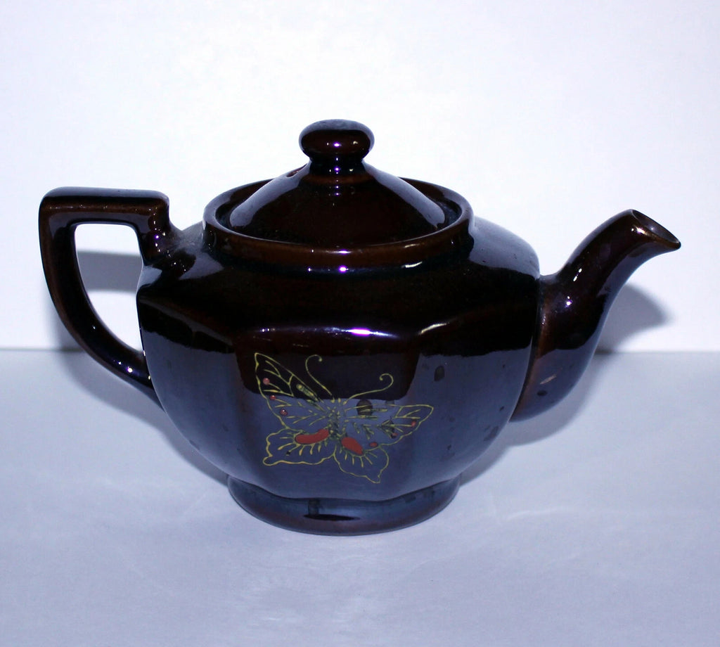 Vintage Stoneware Teapot, Brown Raised Enamel Paint Teapot, Japan