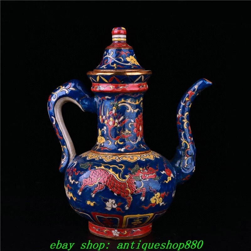12.6''Ming Xuande Marked Enamel Colour Porcelain Dragon Wine Tea Pot Flagon