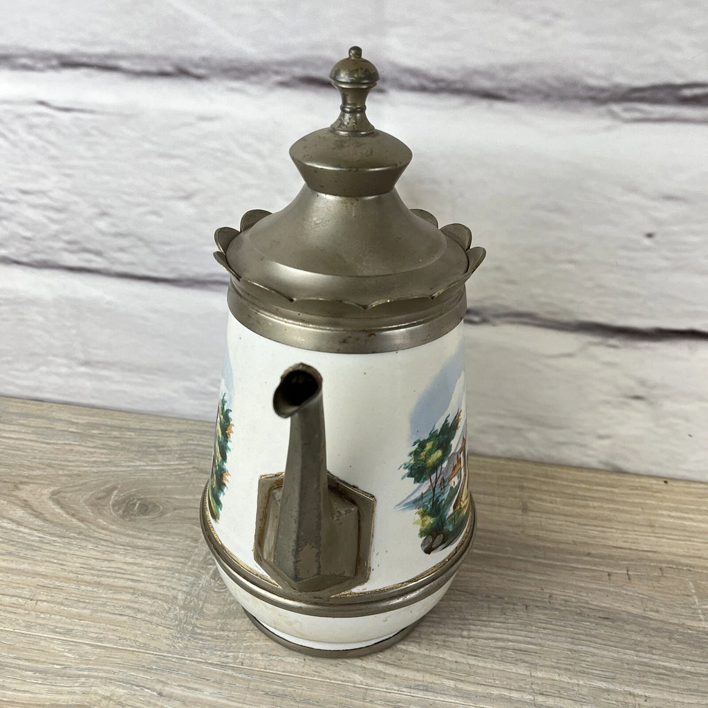 Victorian Pewter Enamelware Teapot & Tea Caddy Sugar Bowl Manning Bowman? Castle