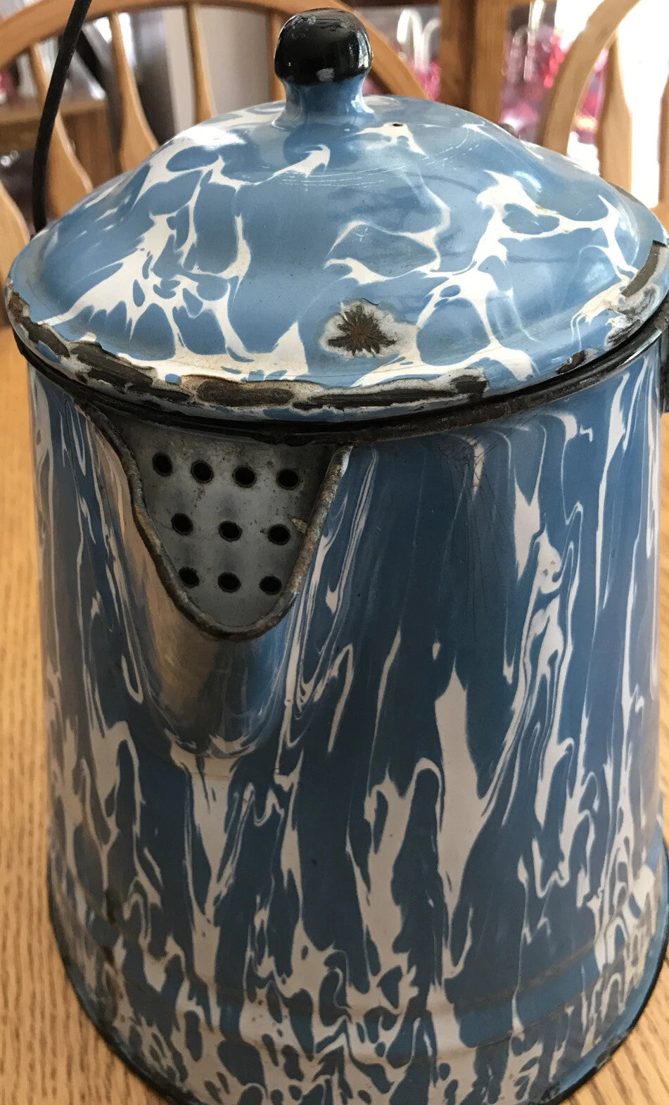Vintage Antique Blue White Swirl Enamel Coffee Tea Pot Cowboy Kettle 11” Large