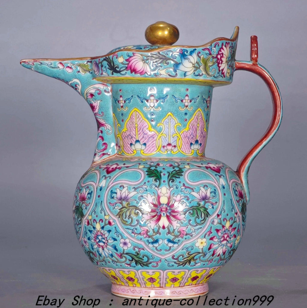 9.4" Yongzheng Enamel Colour Porcelain Gilt Lotus Flower Wine Tea Pot Flagon