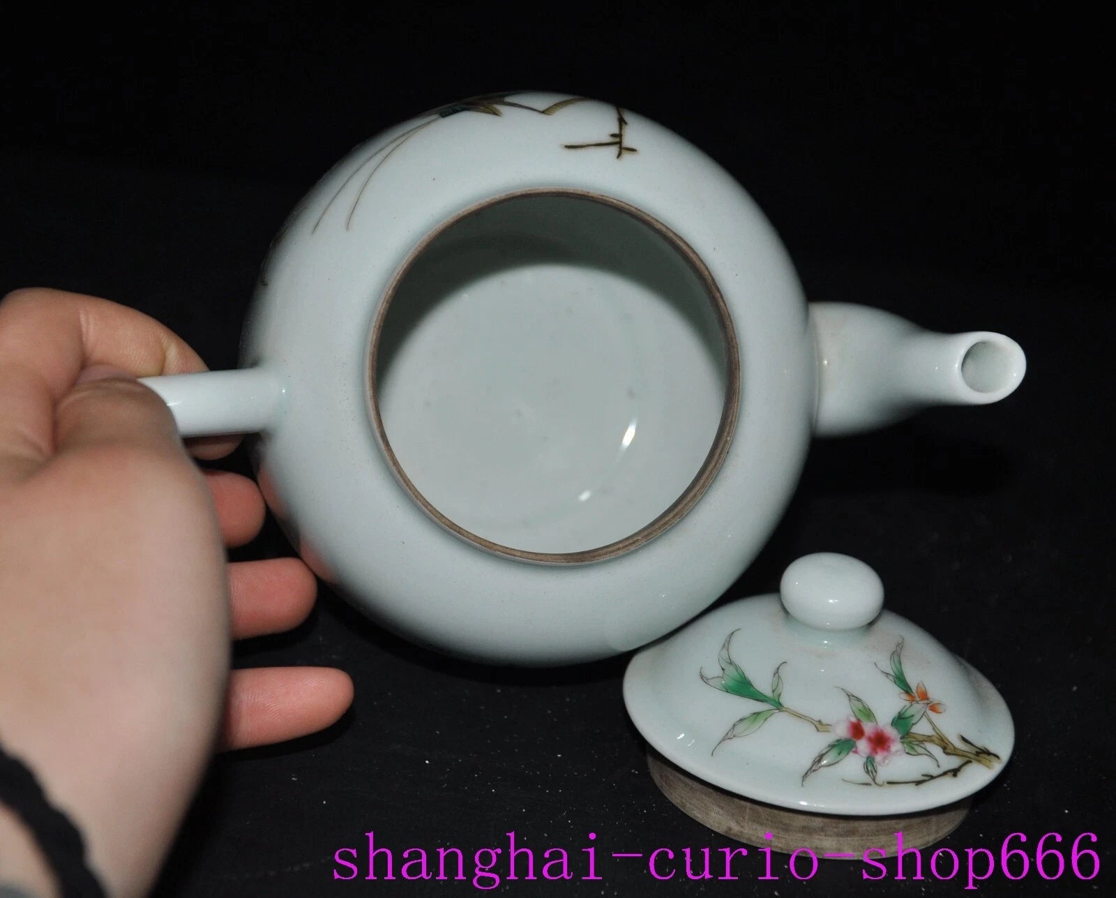 6"China Qing Yongzheng enamel porcelain shoutao Peach text Tea set Teapot statue