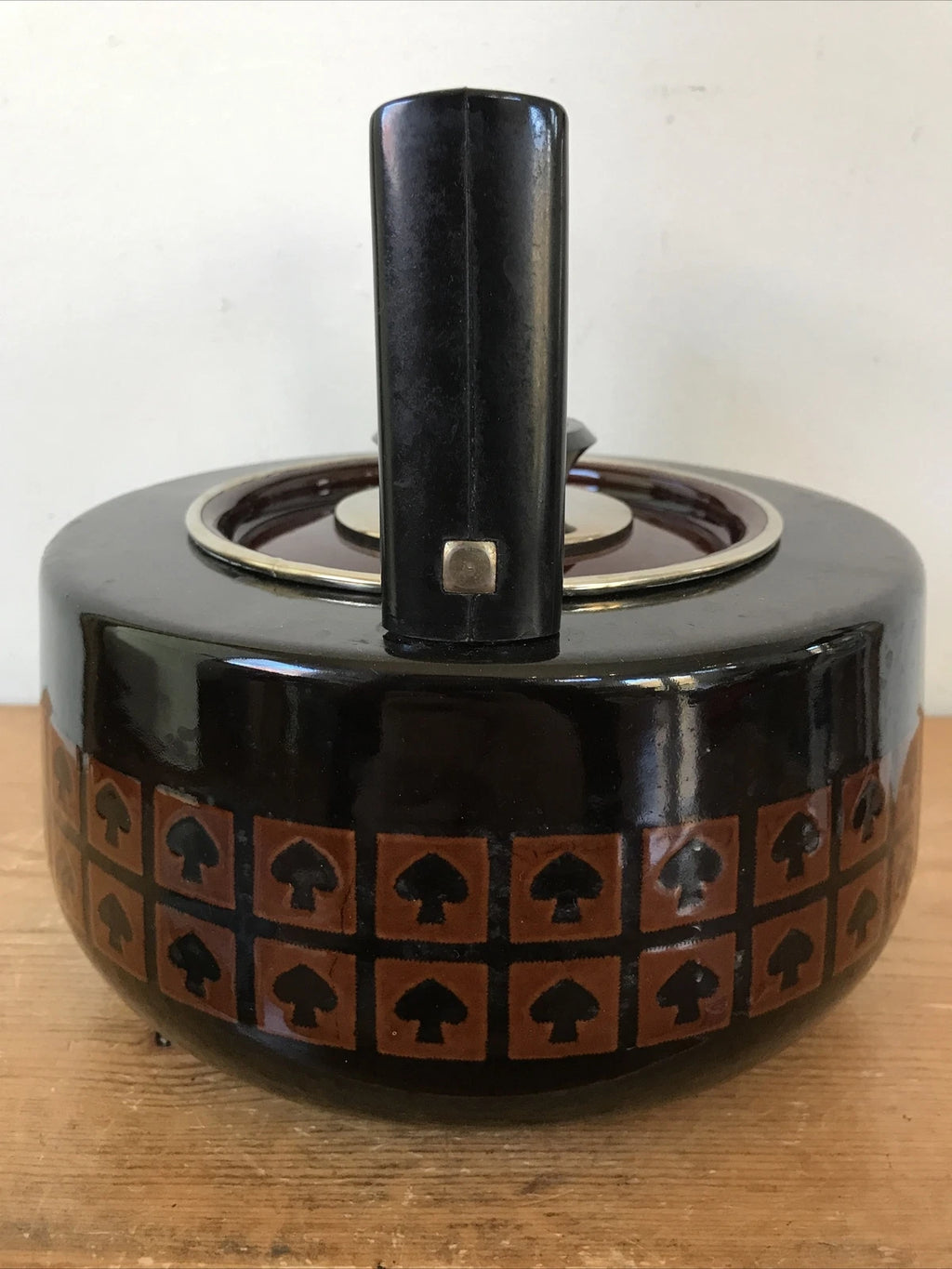Vintage 60s 70s Mid Century Japanese Mushroom Spade Enamel Black Tea Pot Kettle