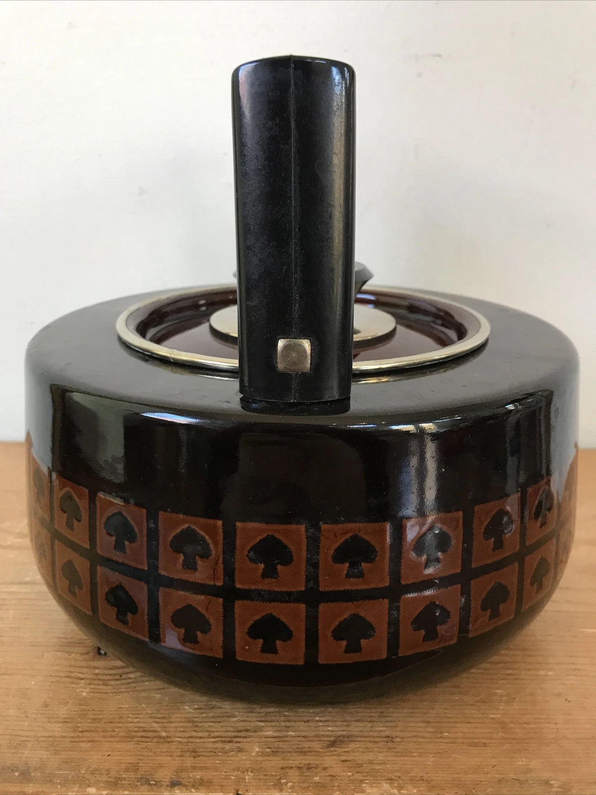 Vintage 60s 70s Mid Century Japanese Mushroom Spade Enamel Black Tea Pot Kettle
