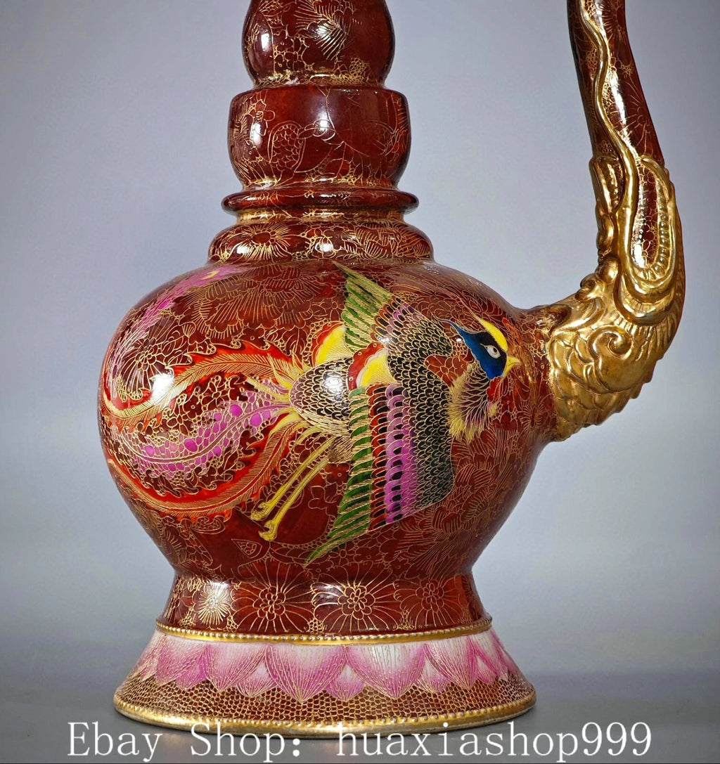 Qianlong Dynasty Enamel Colour Porcelain Gilt Dragon Phoenix Wine Tea Pot Flagon