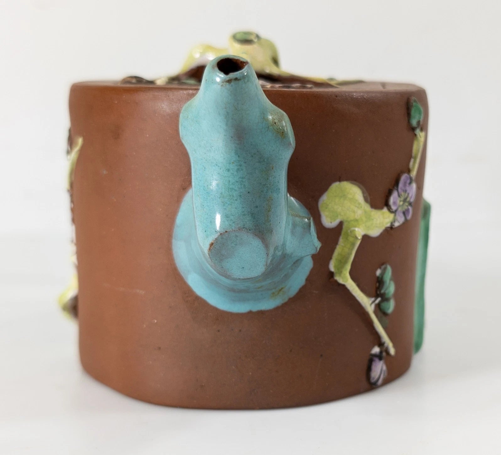 Antique Vintage Chinese Yixing Zisha Bamboo Form Teapot With Enamel