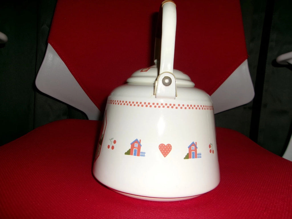 vintage enamel farm scene tea kettle by raintree ltd