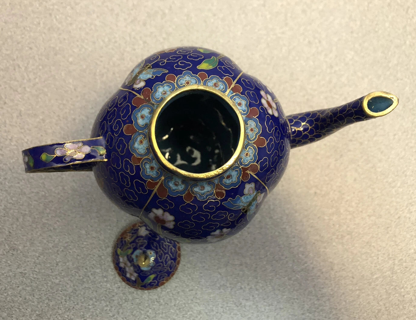 Vintage Cloisonne Enamel and Bronze Navy Blue Floral Teapot