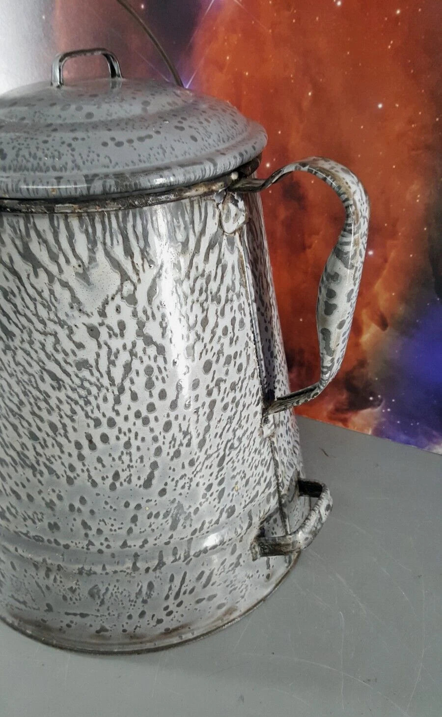 GRAY ENAMELWARE 11" COFFEE POT TEA KETTLE w/LID HANDLE FARMHOUSE CAMPING ANTIQUE