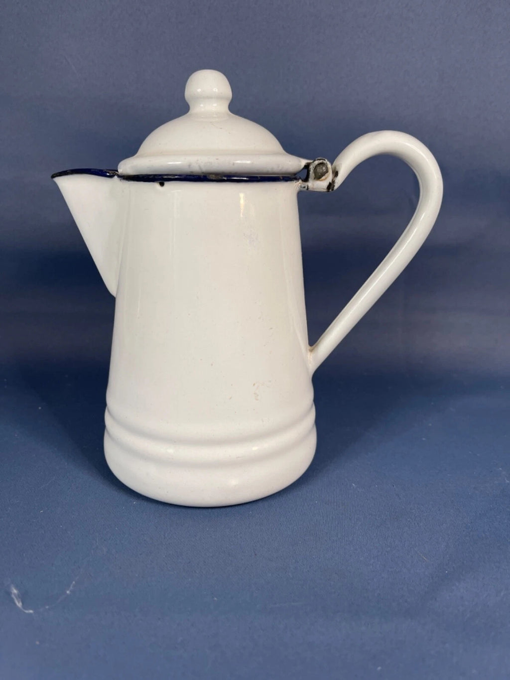 Enamelware Small 6 1/2" Coffee / Tea Pot White/Black Trim. RARE Find! 4736