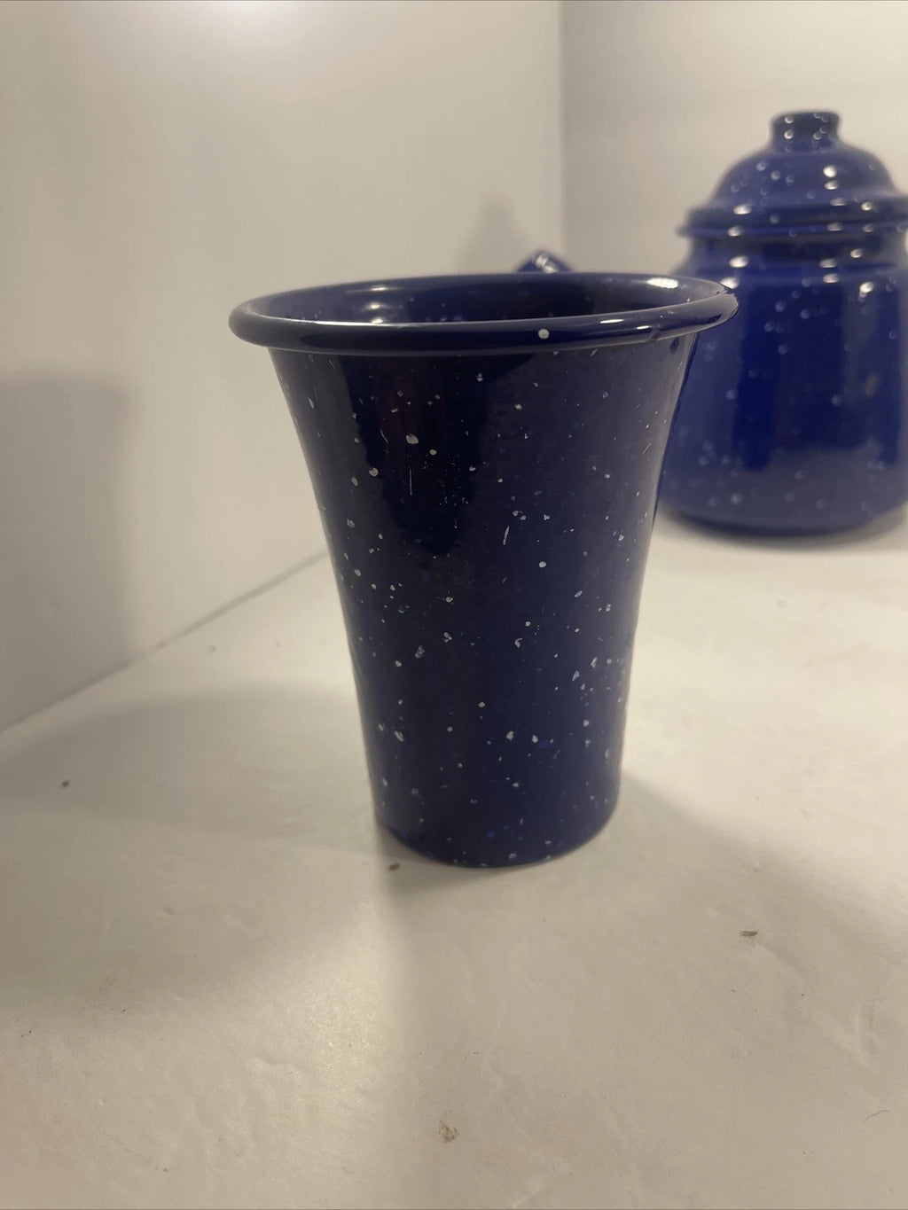 Enamelware Speckled Blue Tea Pot Kettle, Cup And Small Picher