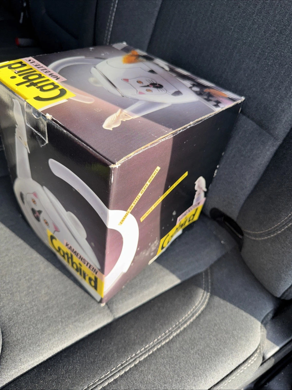 Vintage Kamenstein White Cat Whistling Tea Kettle Pot Enamel w/ Bird Whistle NIB