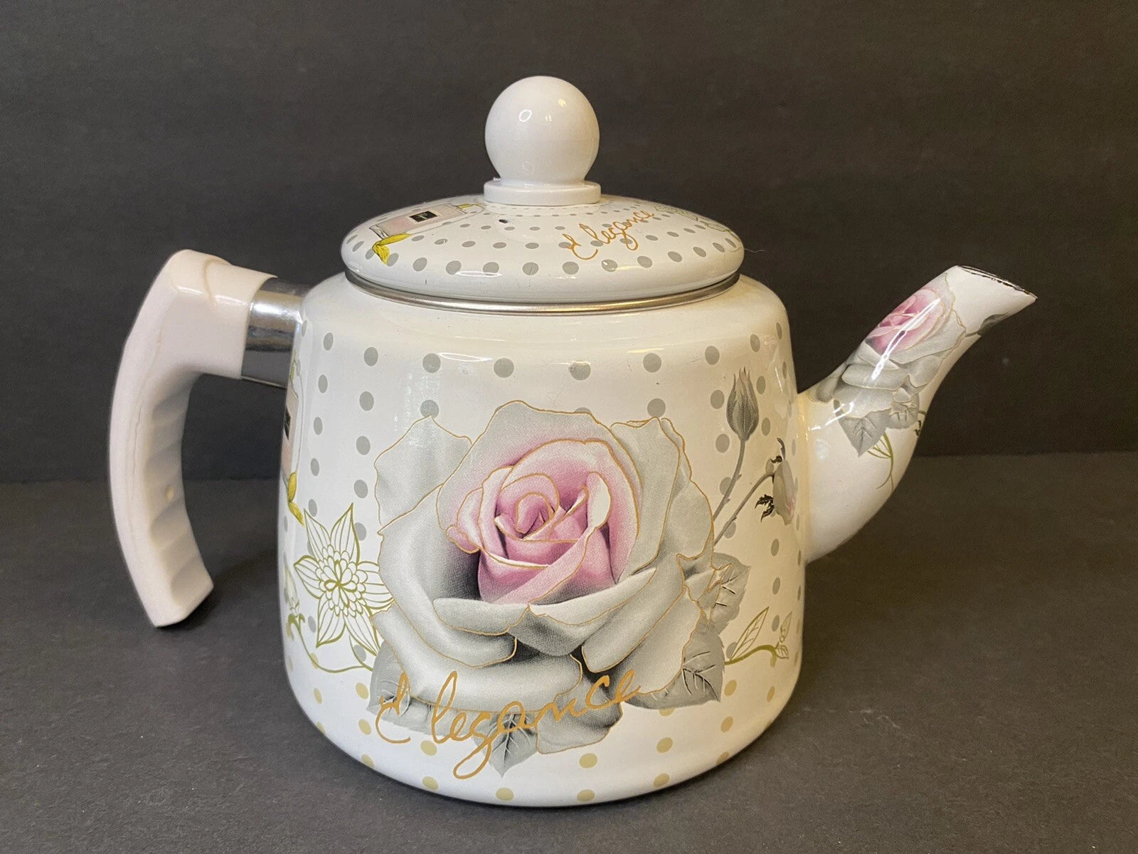 Elegance Enamel Kettle Teapot Handle Pink Rose Perfume Pattern