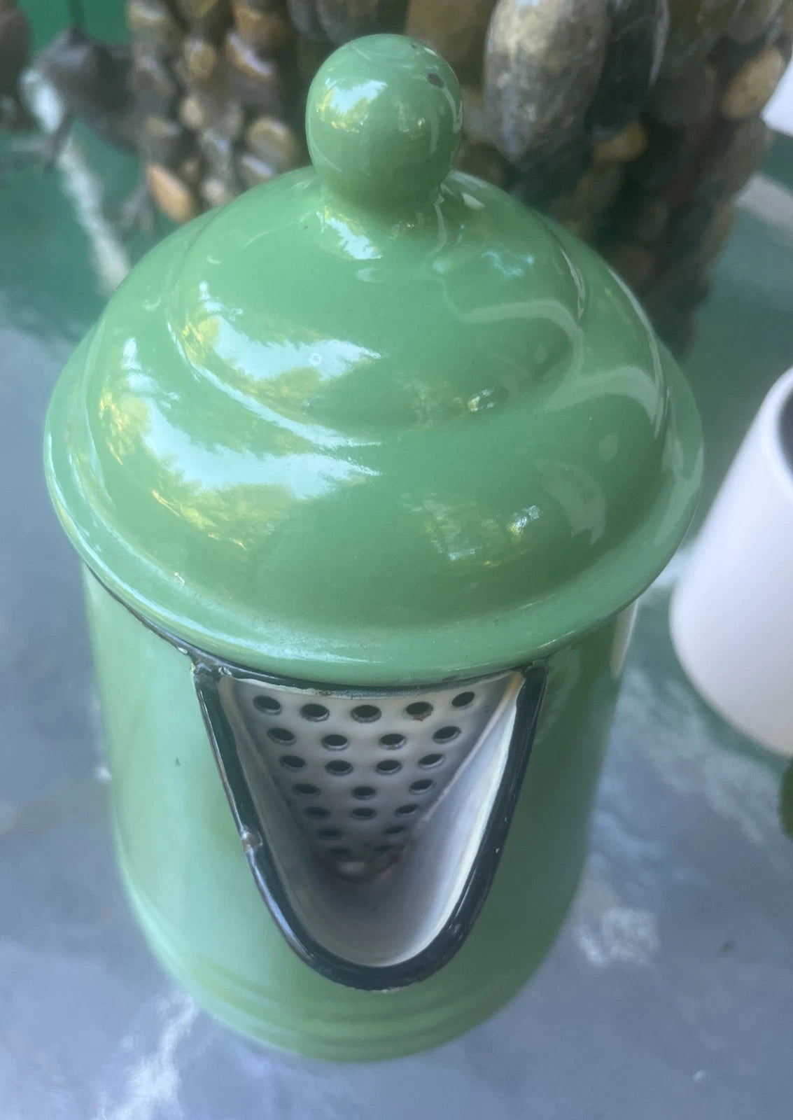 Vintage Jadeite Green Enamel Coffee Tea Pot Cowboy Camping Lid - Heavy