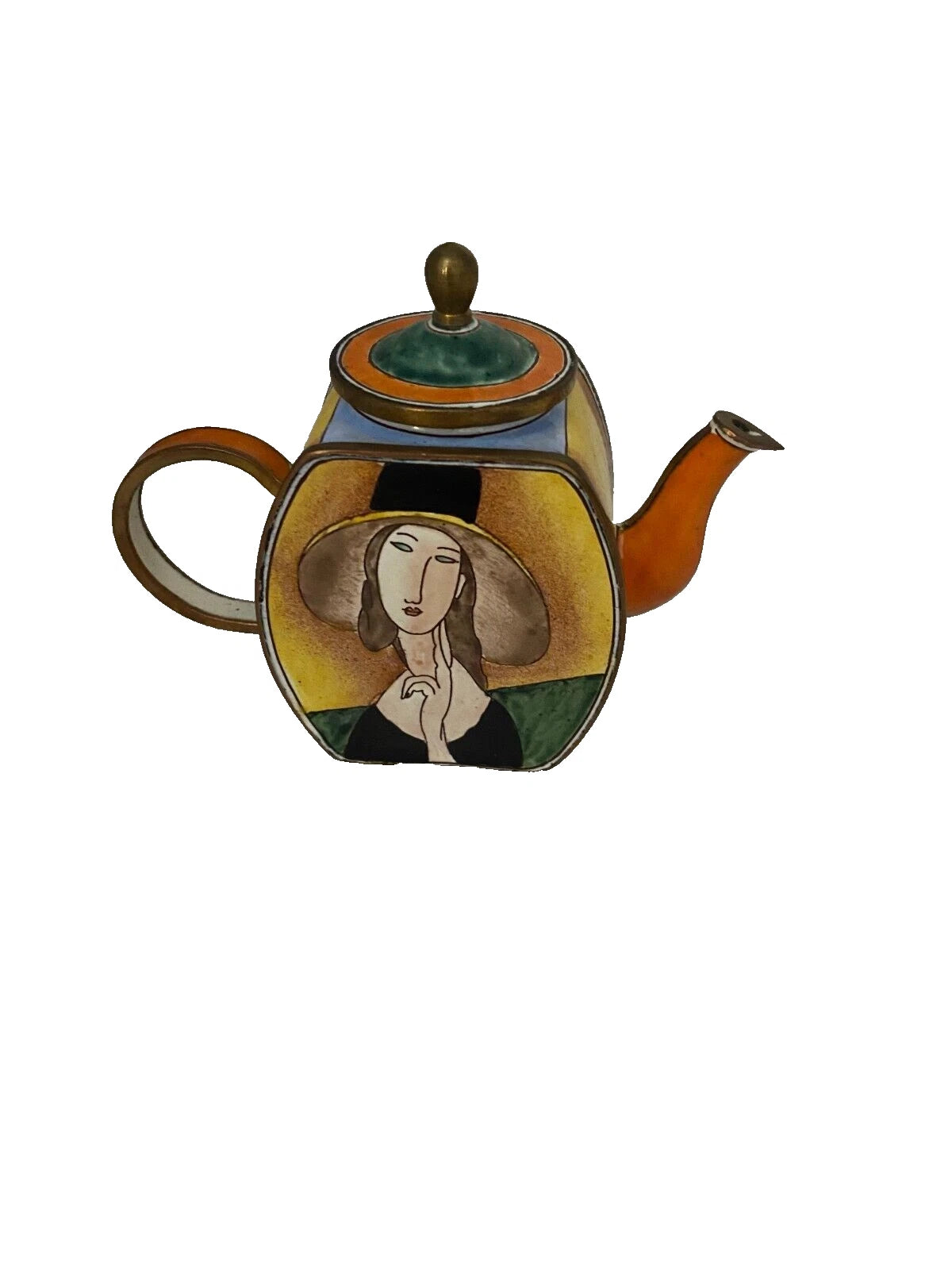 Enamel Lady with Hat Small Tea Pot by Kelvin Chen Signed