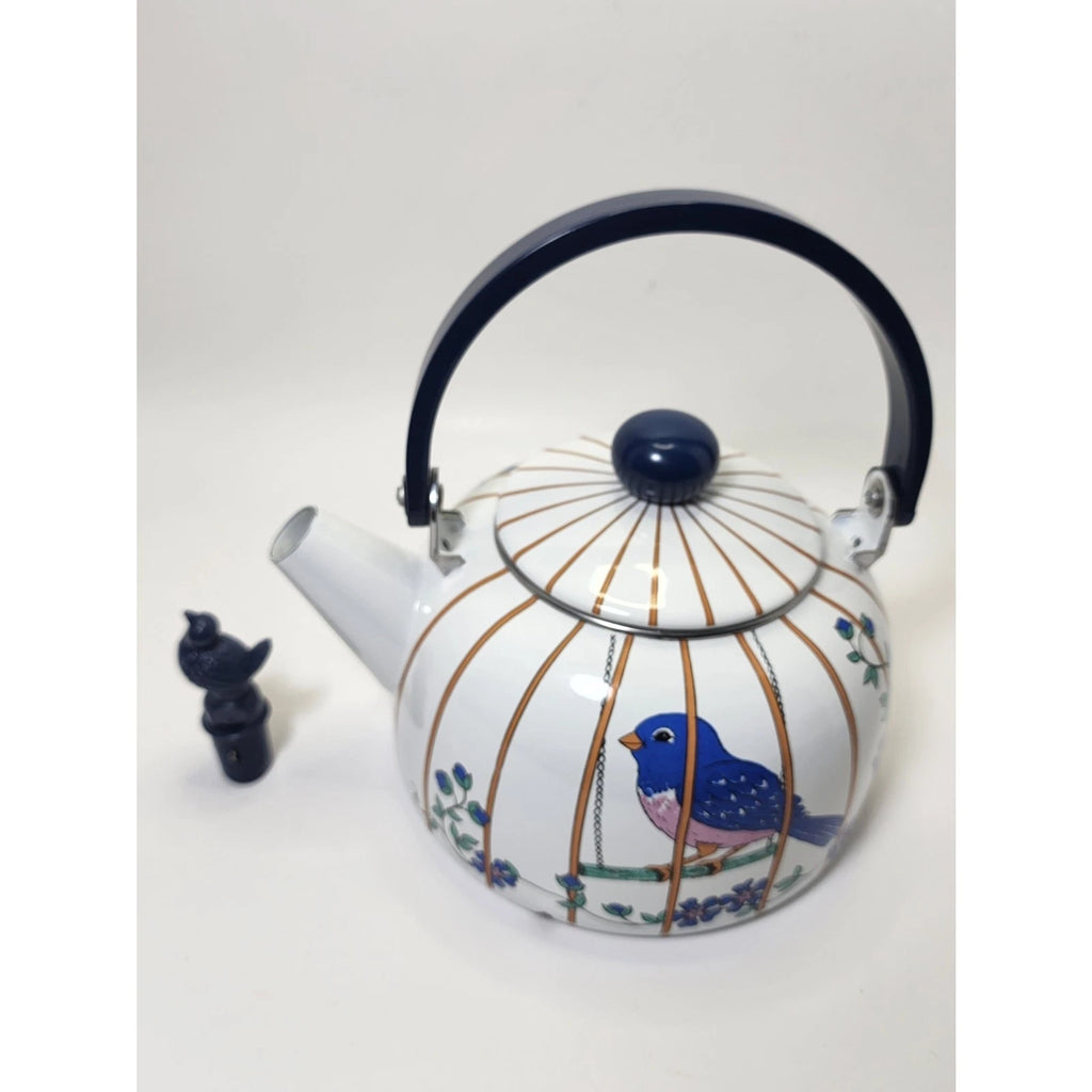 VINTAGE WHITE ENAMEL COFFEE / TEA POT Blue Bird In A Cage.