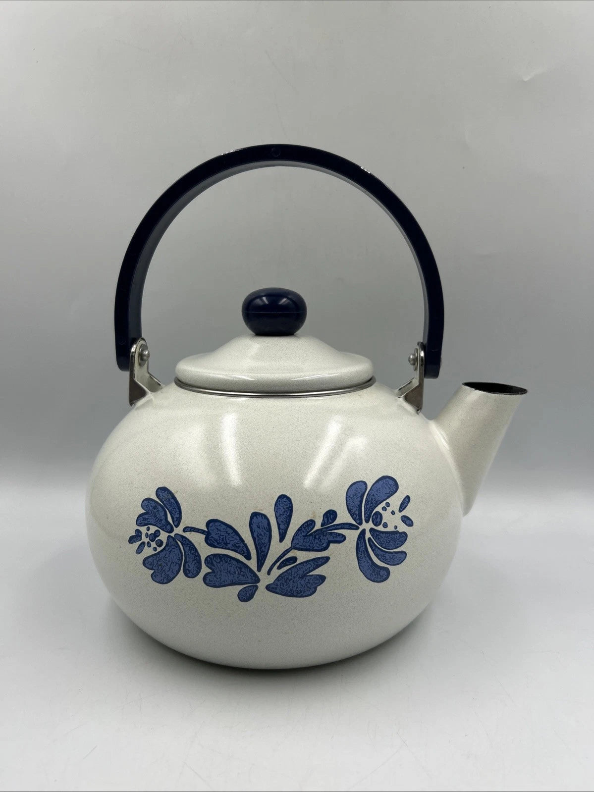 Vintage Pfaltzgraff Yorktowne Porcelain Enamel Tea Kettle with Blue Metal Handle