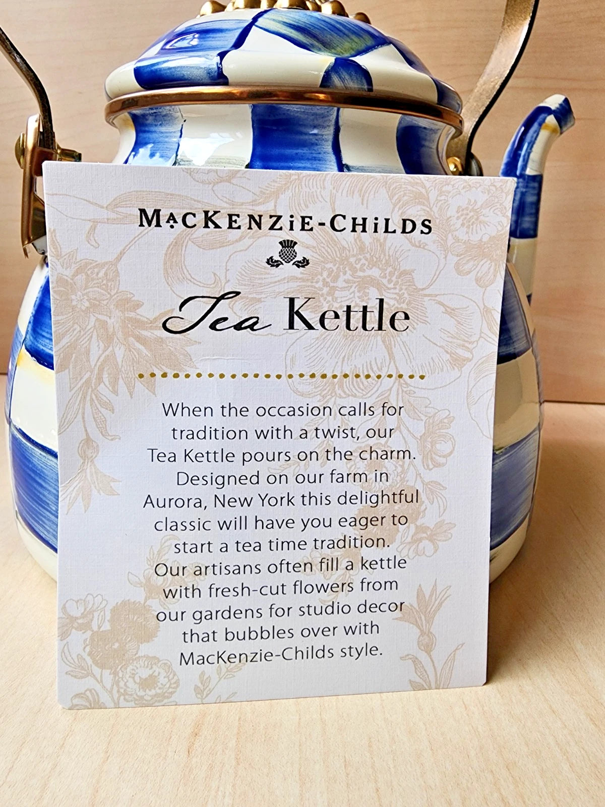 💙 Mackenzie Childs Blue Royal Check Enamel Tea Kettle Teapot - New
