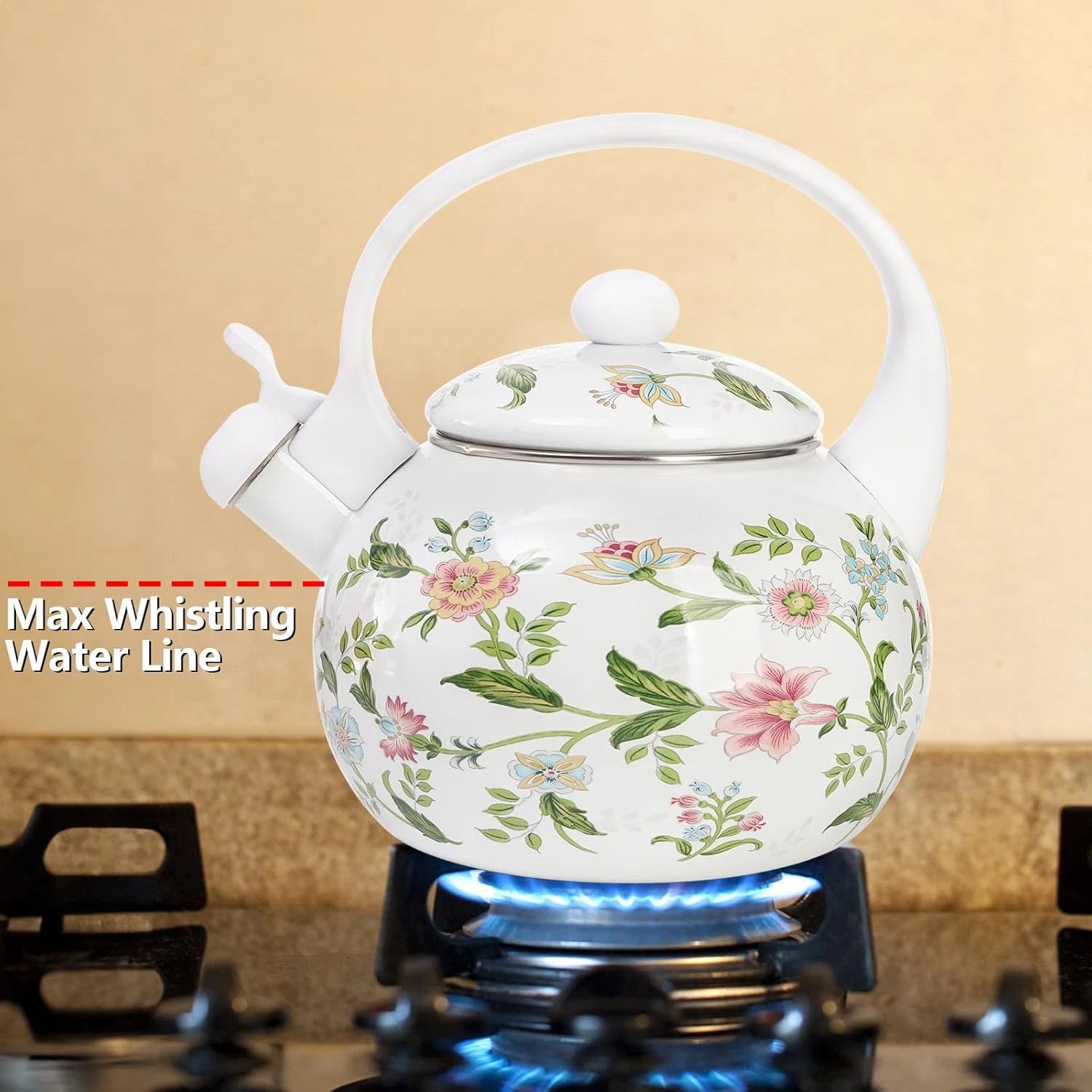 2.3 Quart Vintage Enamel Tea Kettle Whistling Tea Kettle for Stove Top Floral
