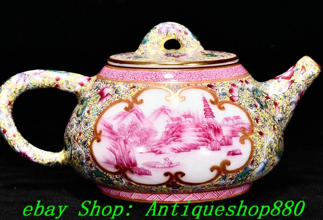 5.1"Qing Qianlong Enamel Colour Porcelain Gold Flower Bird Wine Tea Pot Flagon