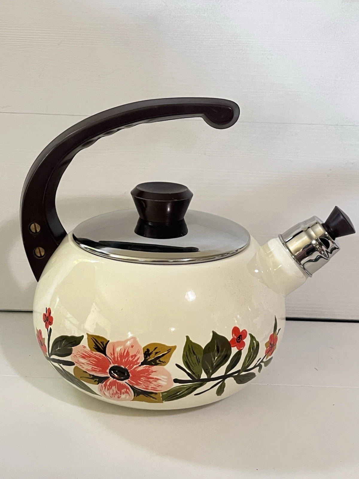 Vintage Bumper Harvest Enamelware Teapot Whistling Kettle Tea Pot