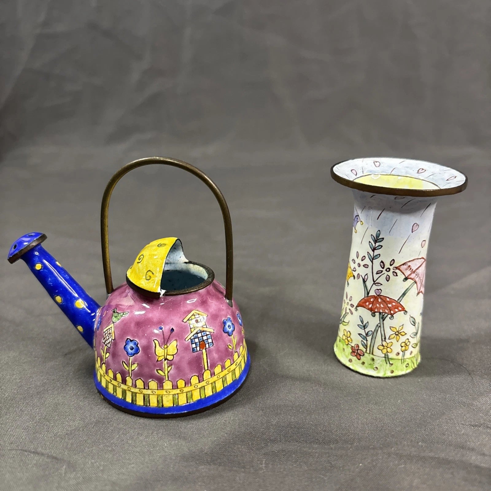 Vintage Empress Art Miniature Enamel &Brass Tea Pot And Bud Vase