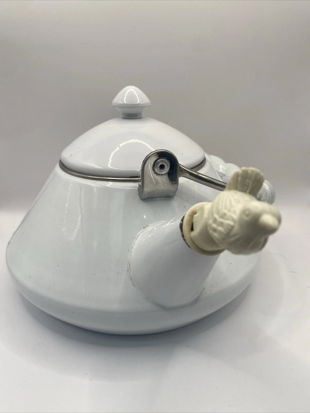 Vintage Kamenstein Tea Kettle White Enamel Tea Pot Bird Whistle 80s Retro Teapot