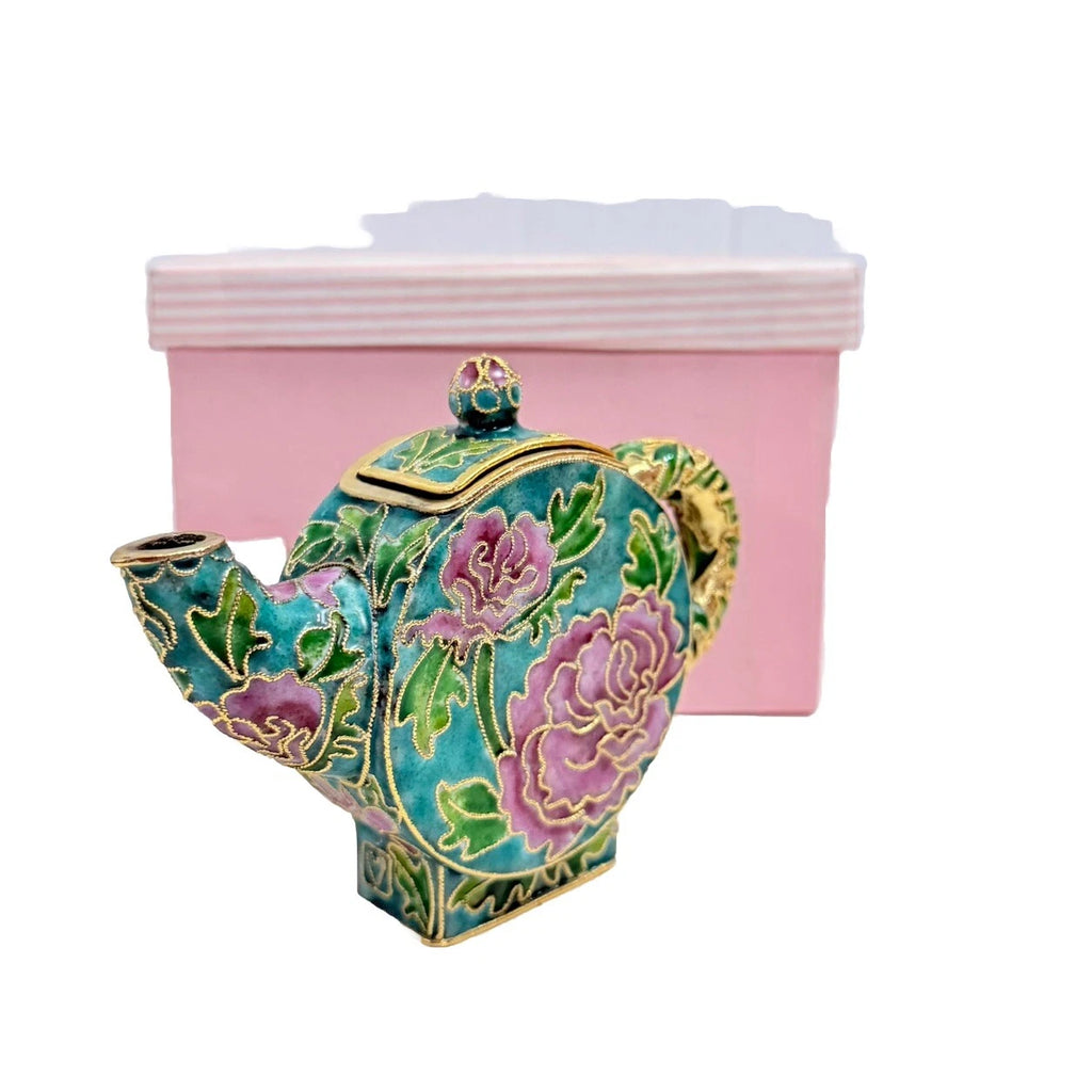 Vintage Teapot Round Metal Enamel Cloisonne Mini Teapot Turquoise Nyco 3.5" New