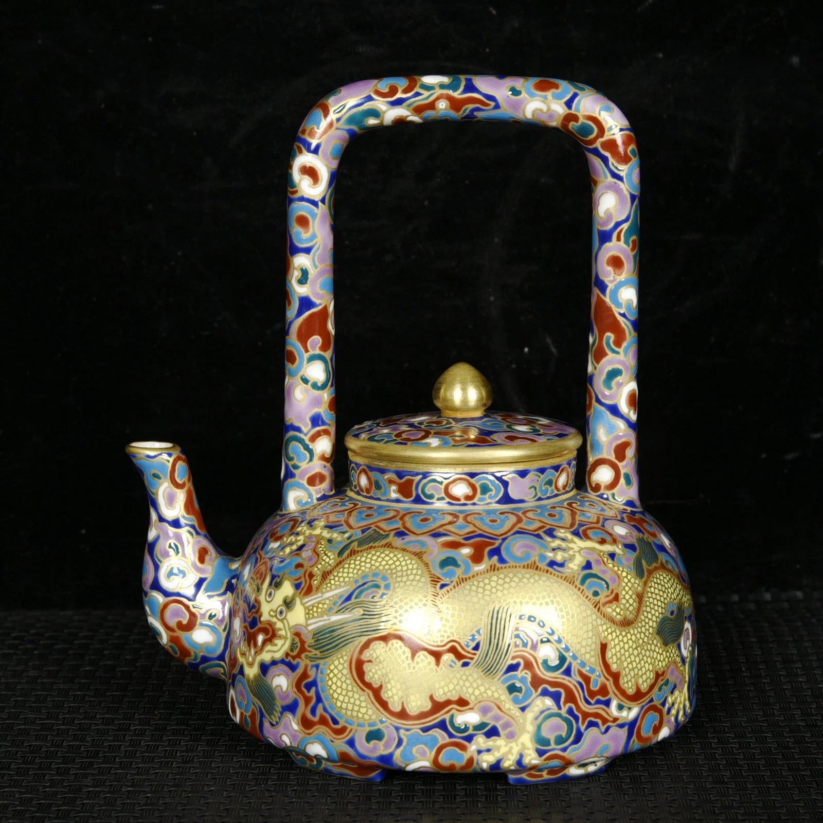5.5" Old dynasty Porcelain qianlong mark colour enamels gilt cloud Dragon Teapot