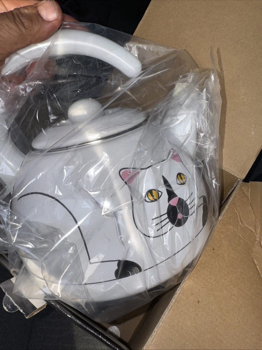 Vintage Kamenstein White Cat Whistling Tea Kettle Pot Enamel w/ Bird Whistle NIB