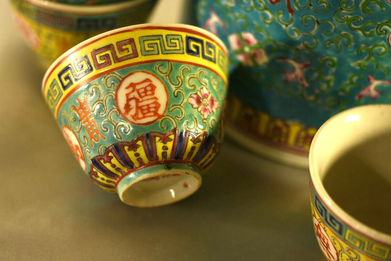 Antique Porcelain Teaset: Famille Rose Lotus: Enameled : Teal : China : 1975