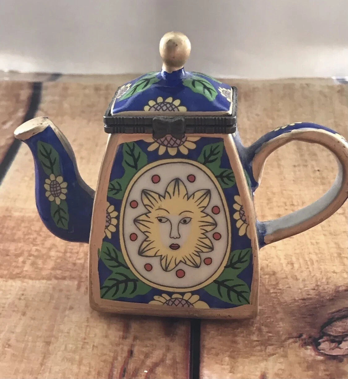 Miniature enamel teapot Sunface Yellow Sunflowers Porcelain 3.25H