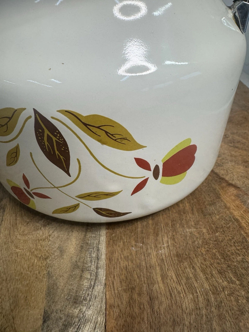 Hall Autumn Leaf Jewel Tea Enamel Metal Wood Handle Teapot Tea Kettle Rare