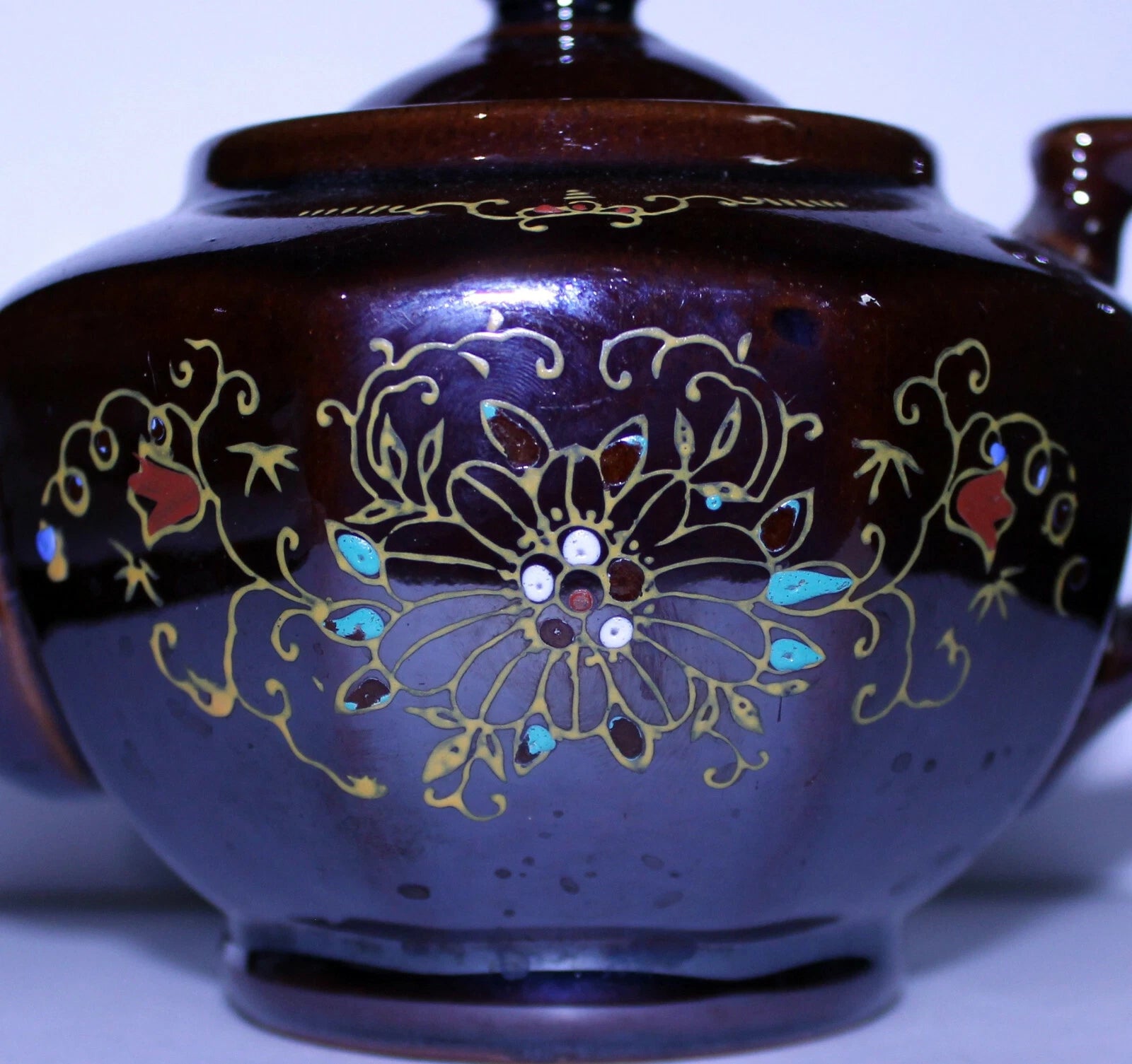 Vintage Stoneware Teapot, Brown Raised Enamel Paint Teapot, Japan