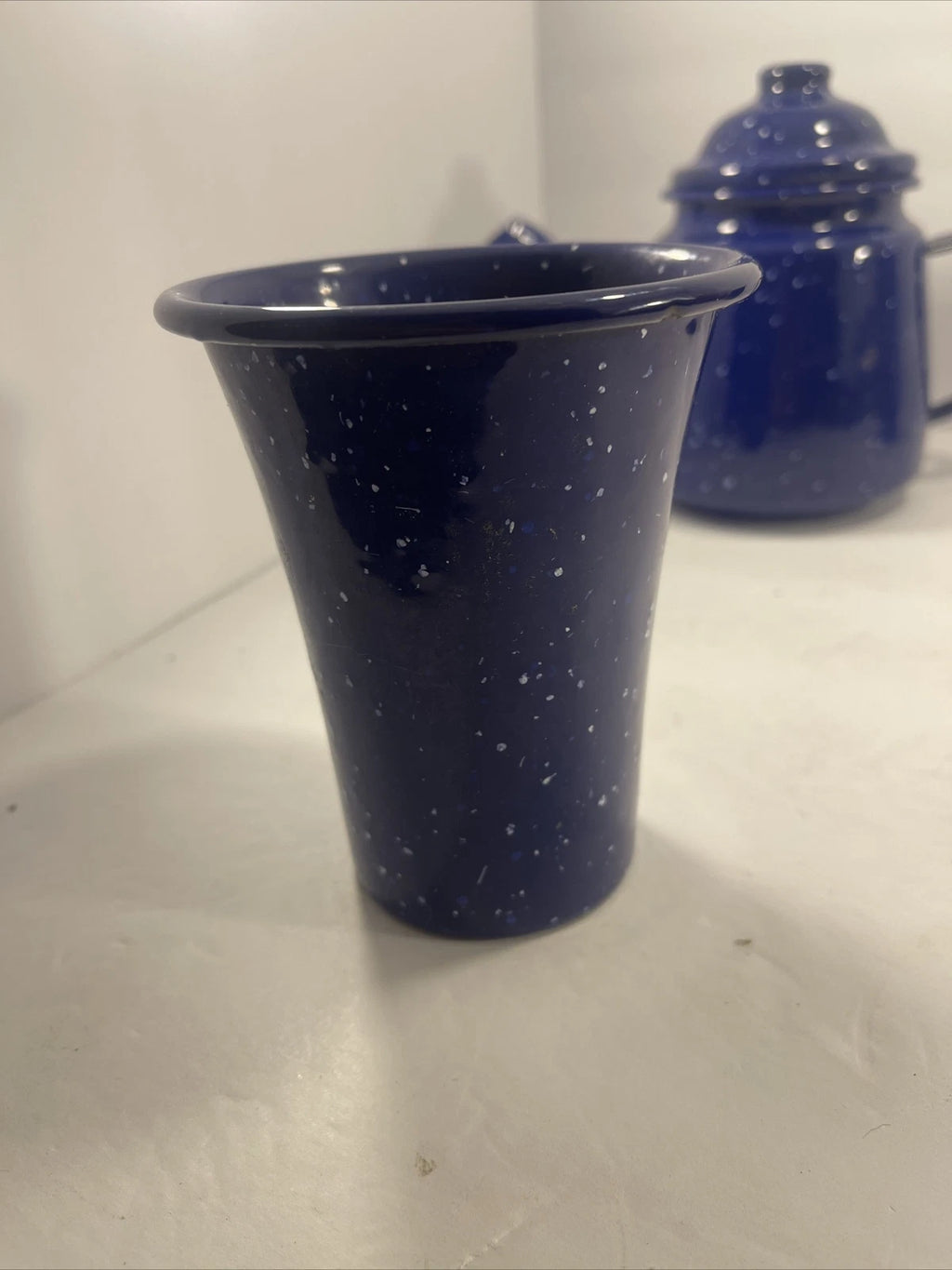 Enamelware Speckled Blue Tea Pot Kettle, Cup And Small Picher