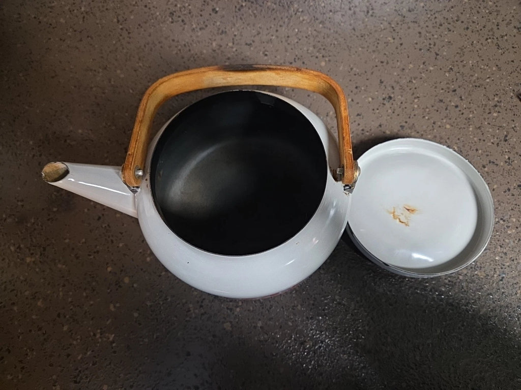 Vintage Enamelware White Teapot Tea Kettle MOM 70's