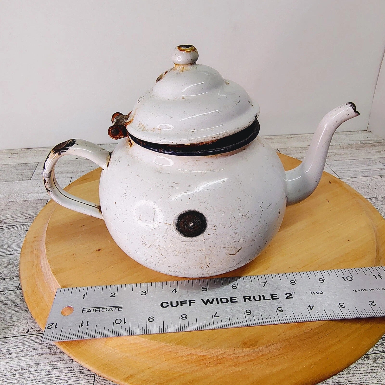 Vtg Enamelware Teapot Kettle Farmhouse Decor Rustic Kitchen White Primitive