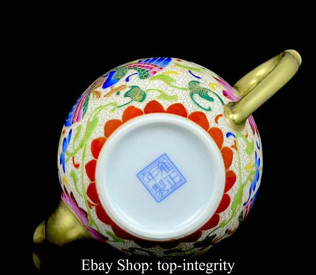 5" Marked Old China Enamel Porcelain Gilt Phoenix Peacock Teapot Teakettle