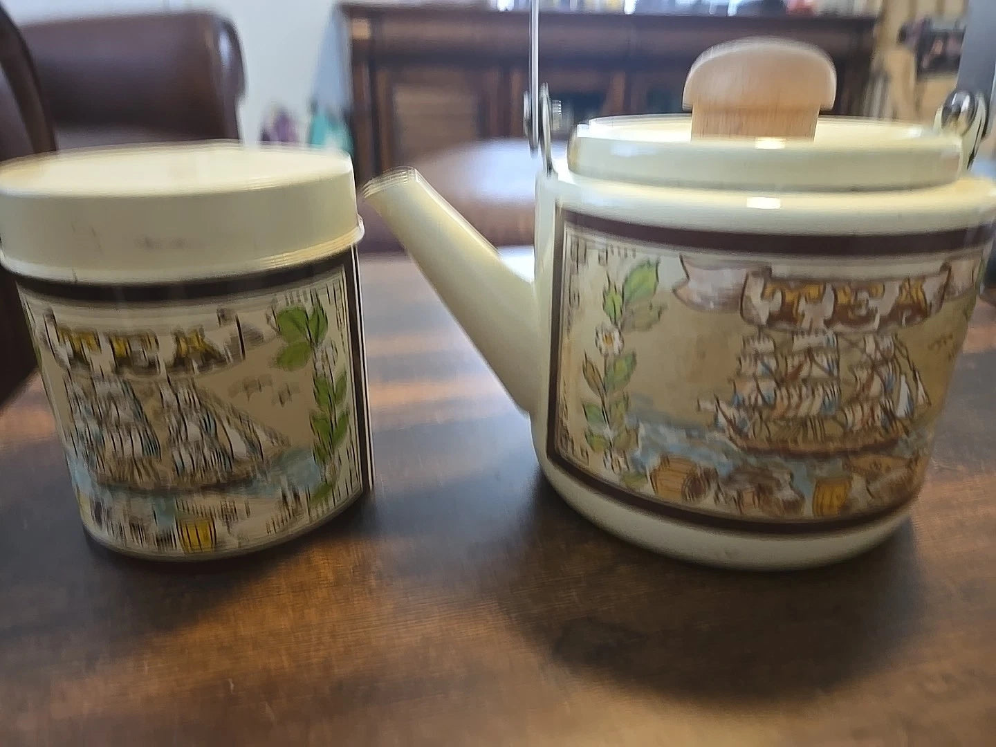 Vintage Beige Enamel Wear  Tea Pot & Tea Can Kettle Wood Handles, Sailboat 5"