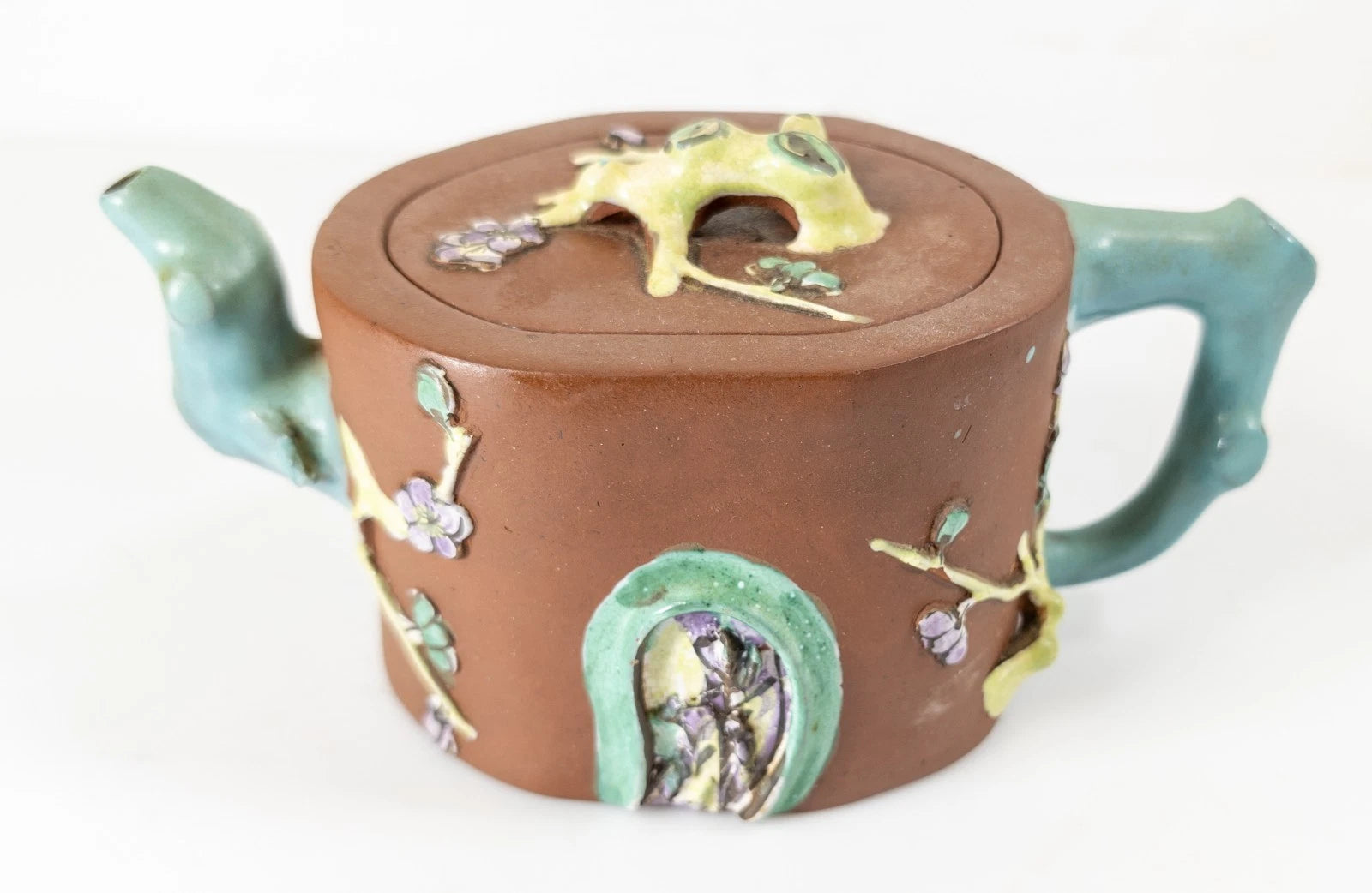 Antique Vintage Chinese Yixing Zisha Bamboo Form Teapot With Enamel
