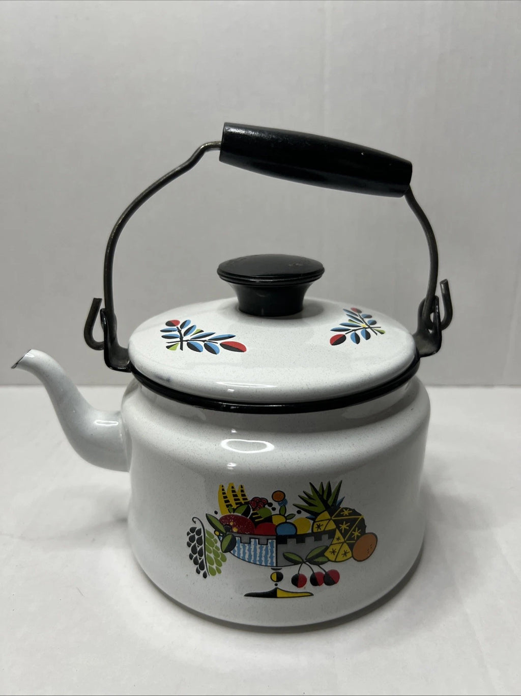 Swedish Berggren Enamel Kettle Teapot Scandinavian Folk Art Fruit W Lid Handle