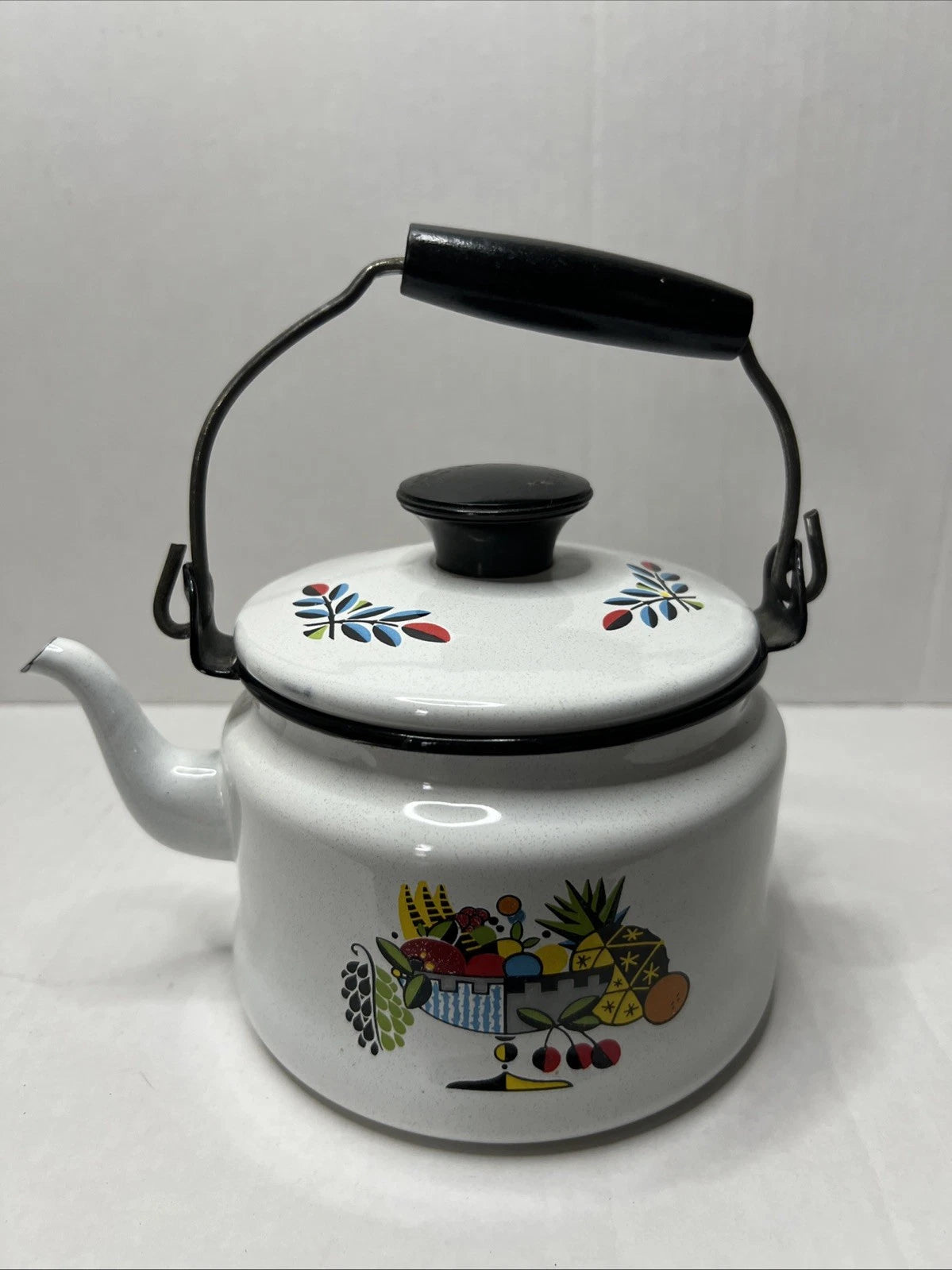 Swedish Berggren Enamel Kettle Teapot Scandinavian Folk Art Fruit W Lid Handle