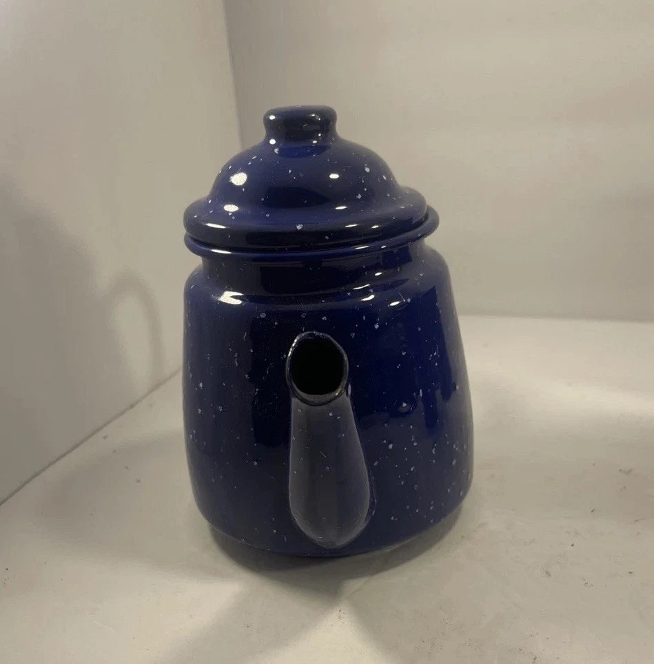 Enamelware Speckled Blue Tea Pot Kettle, Cup And Small Picher