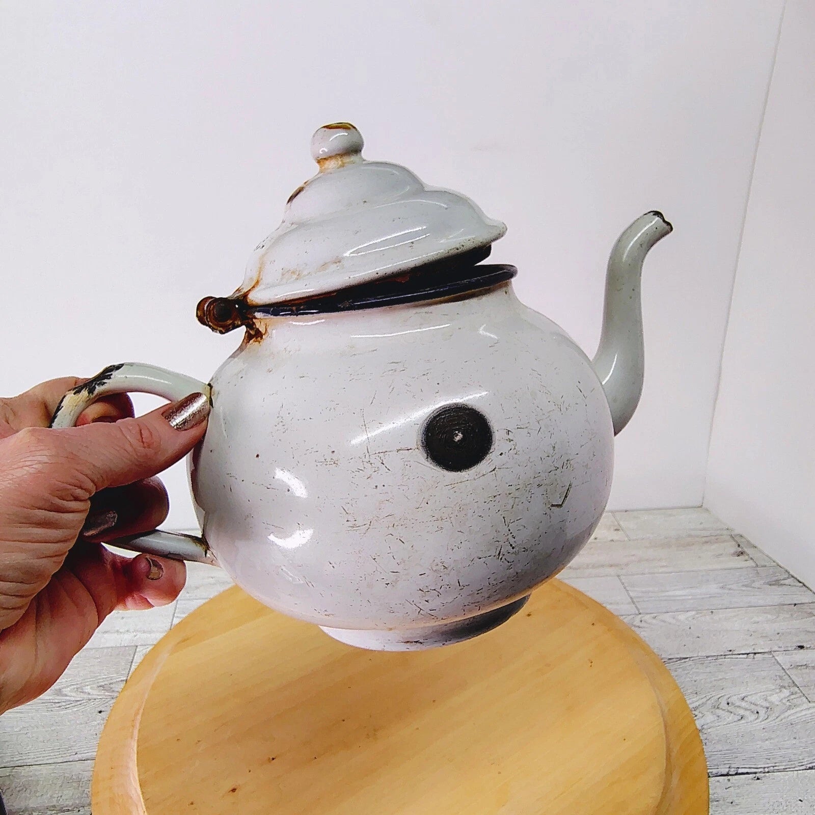 Vtg Enamelware Teapot Kettle Farmhouse Decor Rustic Kitchen White Primitive