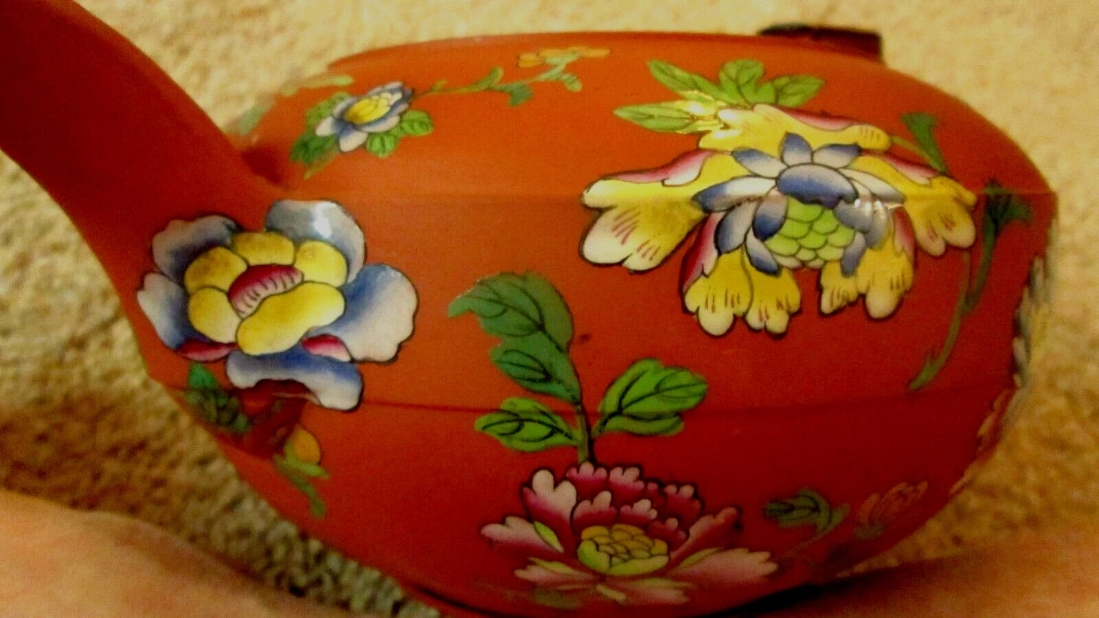 RARE Antique Wedgwood Pottery Enamel Rosso Antico Chinoiserie Teapot w Lid