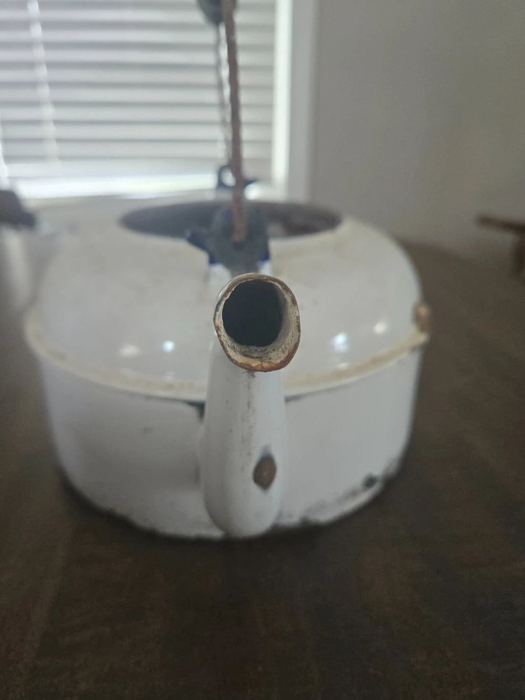 ENAMEL White Antique Tea Kettle Pot Wood Handle-No Lid