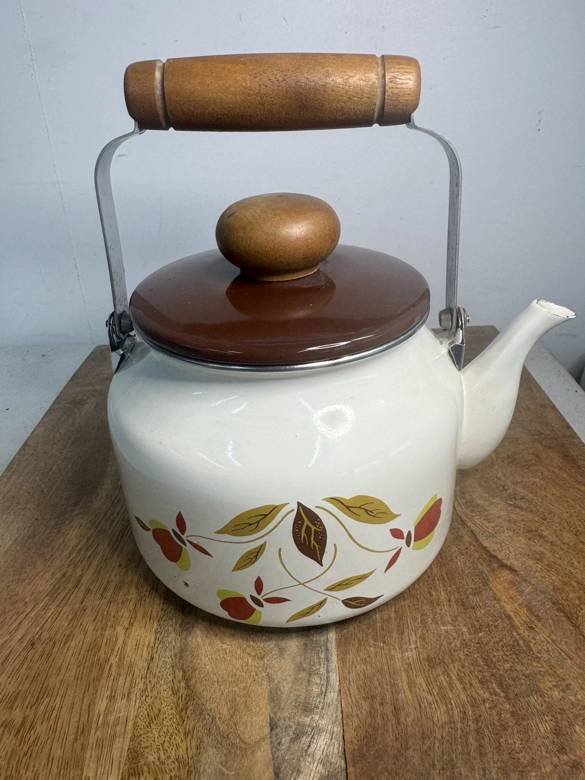 Hall Autumn Leaf Jewel Tea Enamel Metal Wood Handle Teapot Tea Kettle Rare