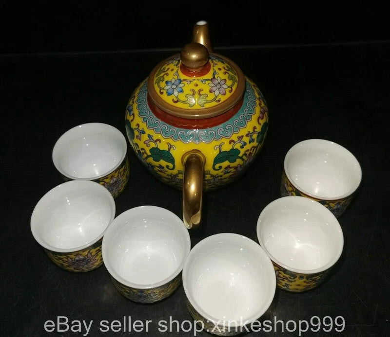 8" Old Chinese Qing dynasty Enamel Porcelain Gilt flower Tea pot Cup set